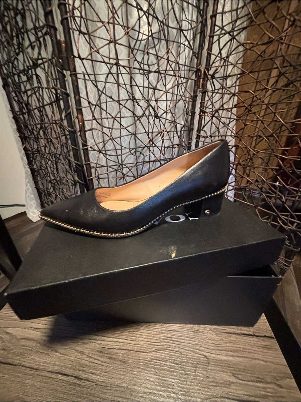 Coach Black Pointed Toe Low Block Heel Pumps with Gold Trim